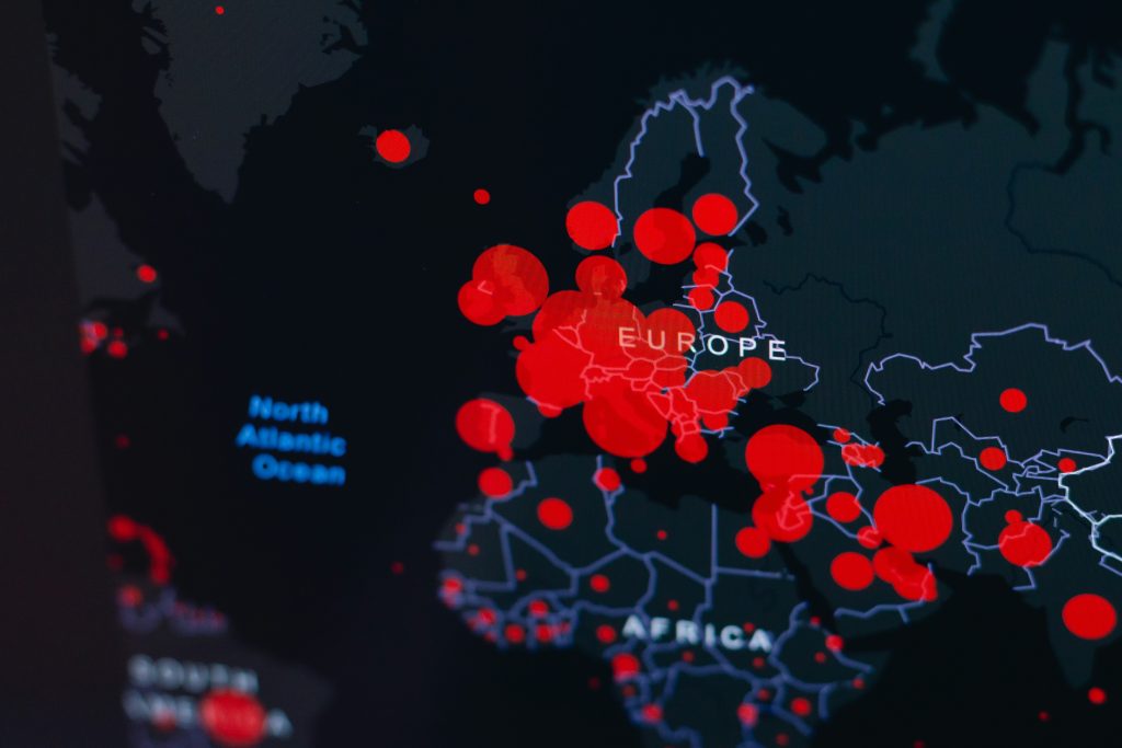 Data Pulse Tech global cyber threat monitoring map showing red security incidents across Europe and world regions